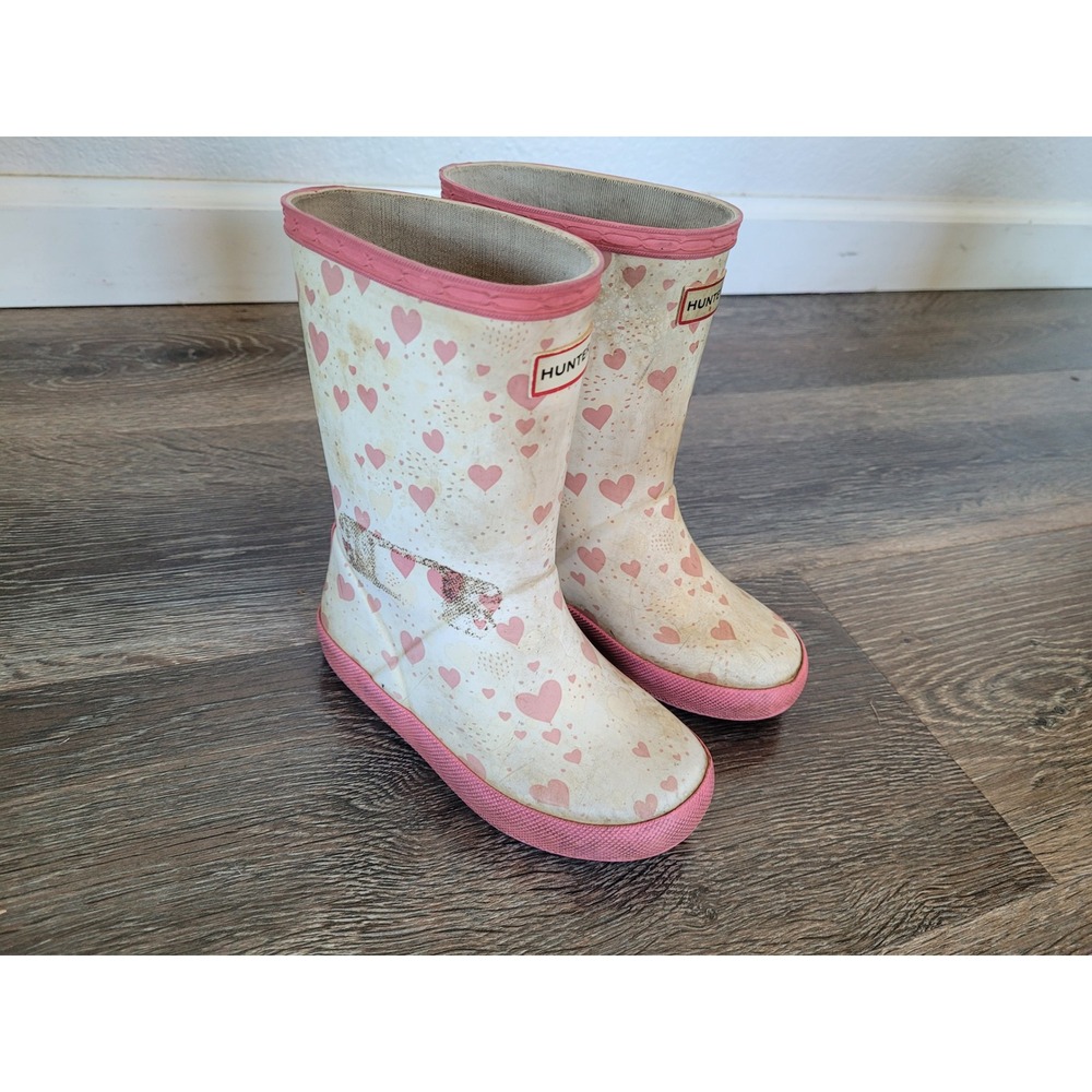 Hunter Kids First Classic Heart Print Rain Boots Pink Cream Toddler US 10 #6